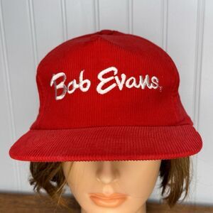Vintage 90s Streetwear Stitch Spell Out Bob Evans Corduroy Snapback Hat Cap Red